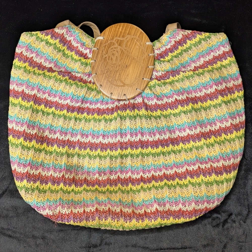 Womens Woven Boho Striped Beach Tote Bag - Wooden Rose Magnetic Close & Pockets